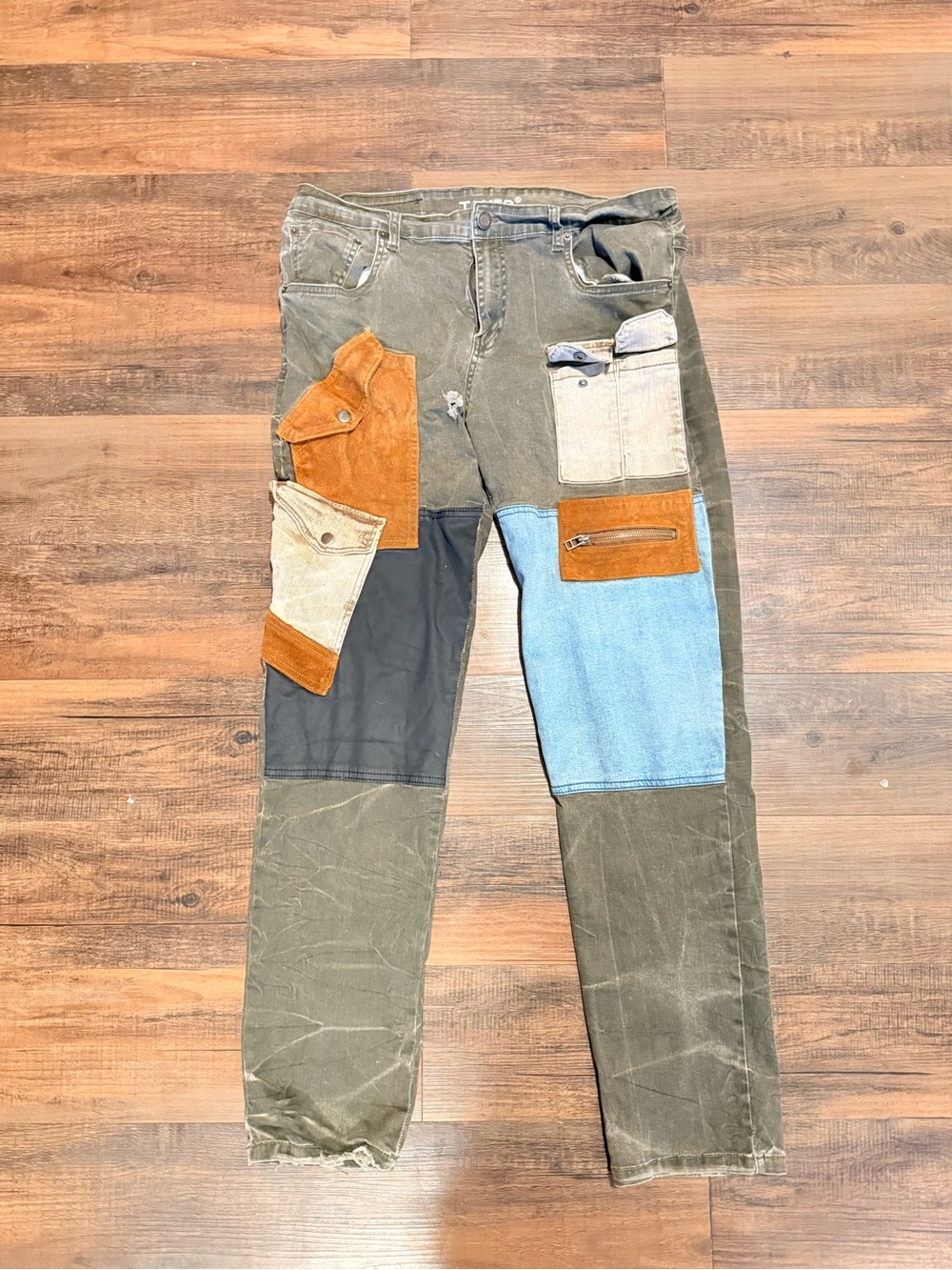 Patchwork Cargo Pants in Olive with Multicolor Panels